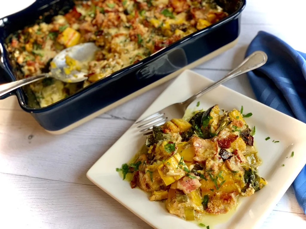 Winter Squash Gratin With Kale, Bacon, Leeks, And Parmesan