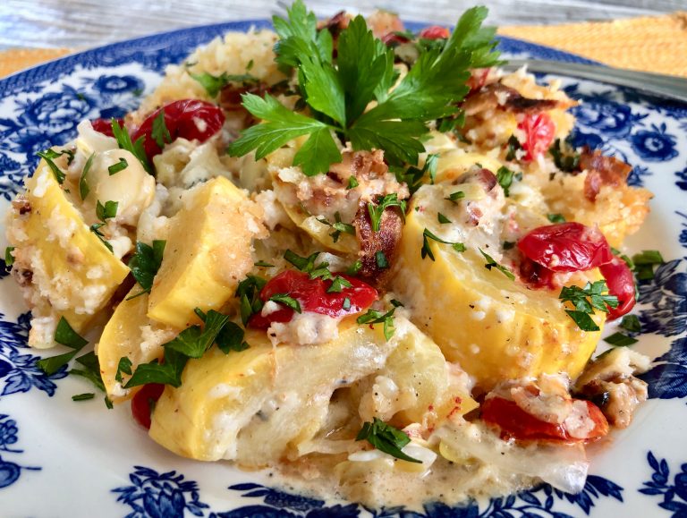 Summer Squash And Cherry Tomato Casserole With Cheesy Bacon Crumbs Dish Off The Block