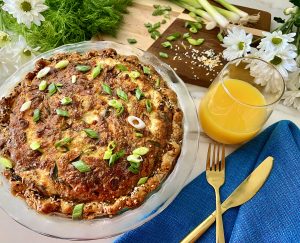 Herby Salmon And Bacon Quiche With Everything Bagel Crust