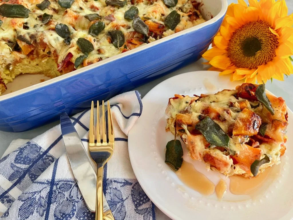 Overnight Butternut And Bacon Strata With Gorgonzola And Fried Sage