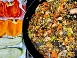 ORANGE GINGER SALMON AND QUINOA STUFFED PEPPER AND ZUCCHINI MEDLEY