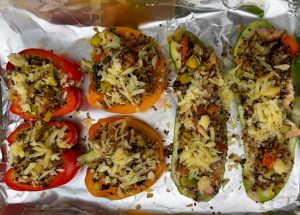 ORANGE GINGER SALMON AND QUINOA STUFFED PEPPER AND ZUCCHINI MEDLEY