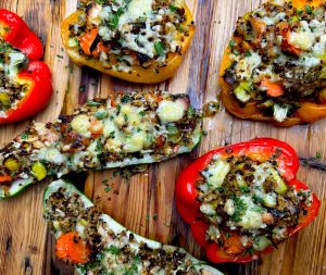 ORANGE GINGER SALMON AND QUINOA STUFFED PEPPER AND ZUCCHINI MEDLEY