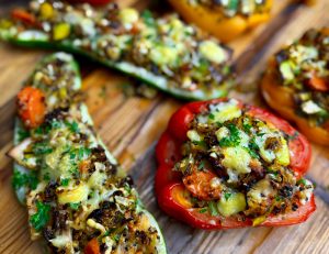 ORANGE GINGER SALMON AND QUINOA STUFFED PEPPER AND ZUCCHINI MEDLEY