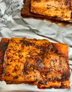 ORANGE GINGER SALMON AND QUINOA STUFFED PEPPER AND ZUCCHINI MEDLEY