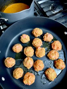 SWEET AND SPICY TURKEY MEATBALLS WITH BANANA PEPPER PEANUT SAUCE