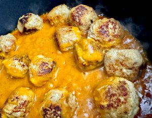 SWEET AND SPICY TURKEY MEATBALLS WITH BANANA PEPPER PEANUT SAUCE