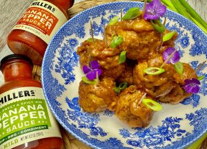 SWEET AND SPICY TURKEY MEATBALLS WITH BANANA PEPPER PEANUT SAUCE