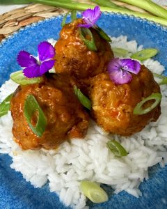 SWEET AND SPICY TURKEY MEATBALLS WITH BANANA PEPPER PEANUT SAUCE