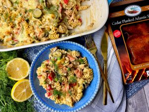 CREAMY MAPLE AND SMOKED PEPPER SALMON AND VEGGIE PASTA BAKE